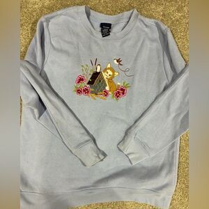 Vintage Cat Embroidered Sweatshirt Blue Floral Pullover Small